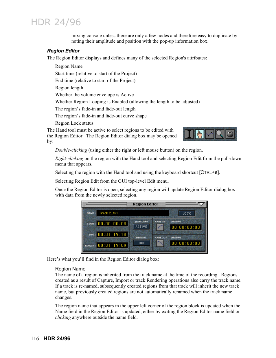 Region editor, Region name, Which will be | Hdr 24/96 | MACKIE HDR24/96 User Manual | Page 116 / 226