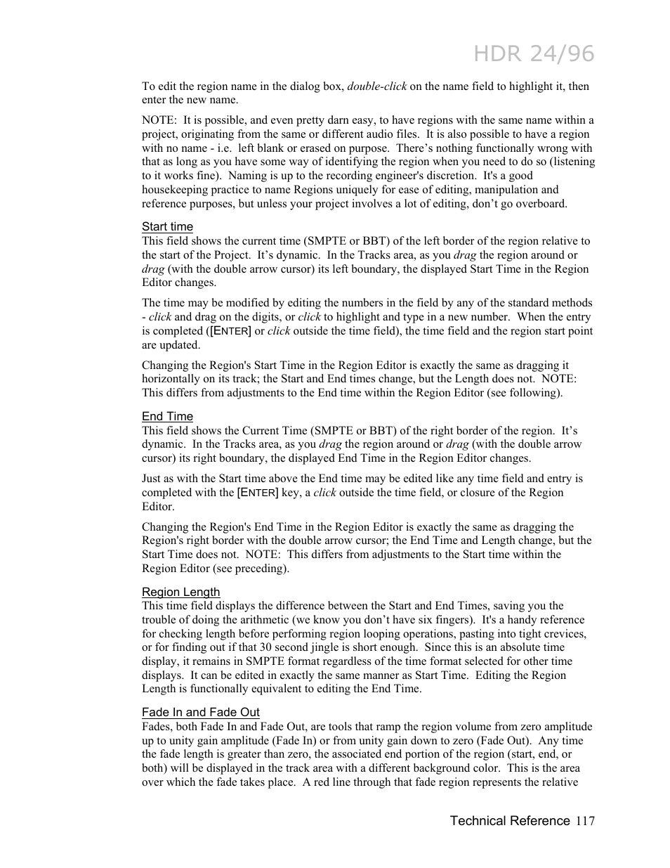 Start time, End time, Region length | Fade in and fade out, Hdr 24/96 | MACKIE HDR24/96 User Manual | Page 117 / 226
