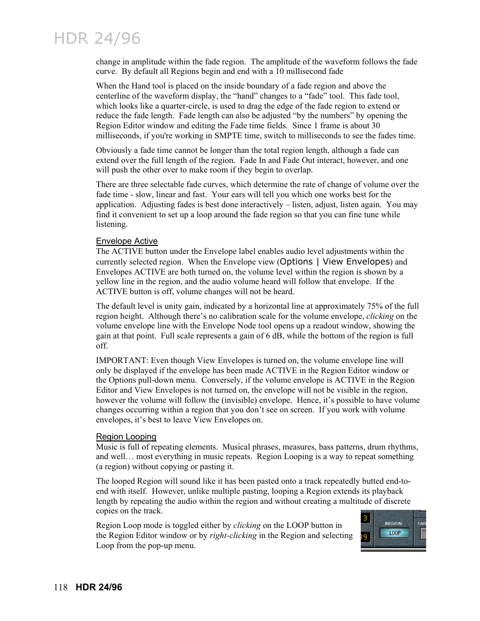 Envelope active, Region looping, Hdr 24/96 | MACKIE HDR24/96 User Manual | Page 118 / 226