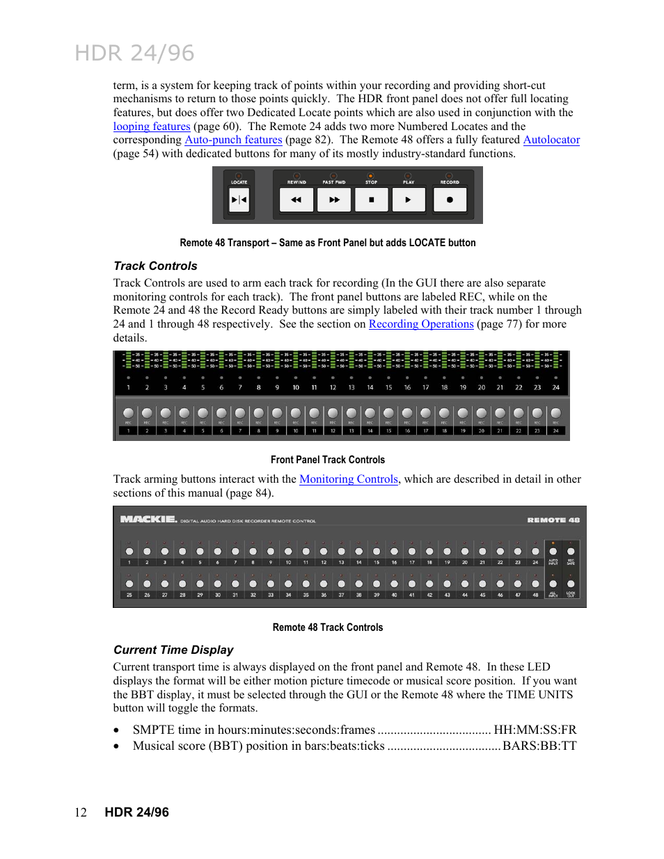 Track controls, Current time display, Hdr 24/96 | MACKIE HDR24/96 User Manual | Page 12 / 226