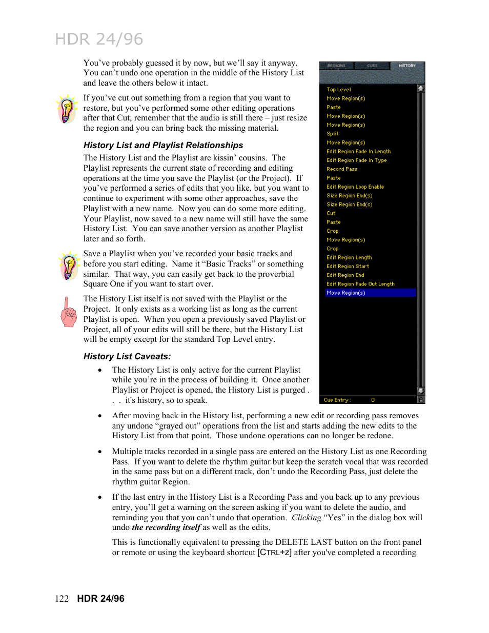 History list and playlist relationships, History list caveats, History list and playlist relationships 122 | Hdr 24/96 | MACKIE HDR24/96 User Manual | Page 122 / 226