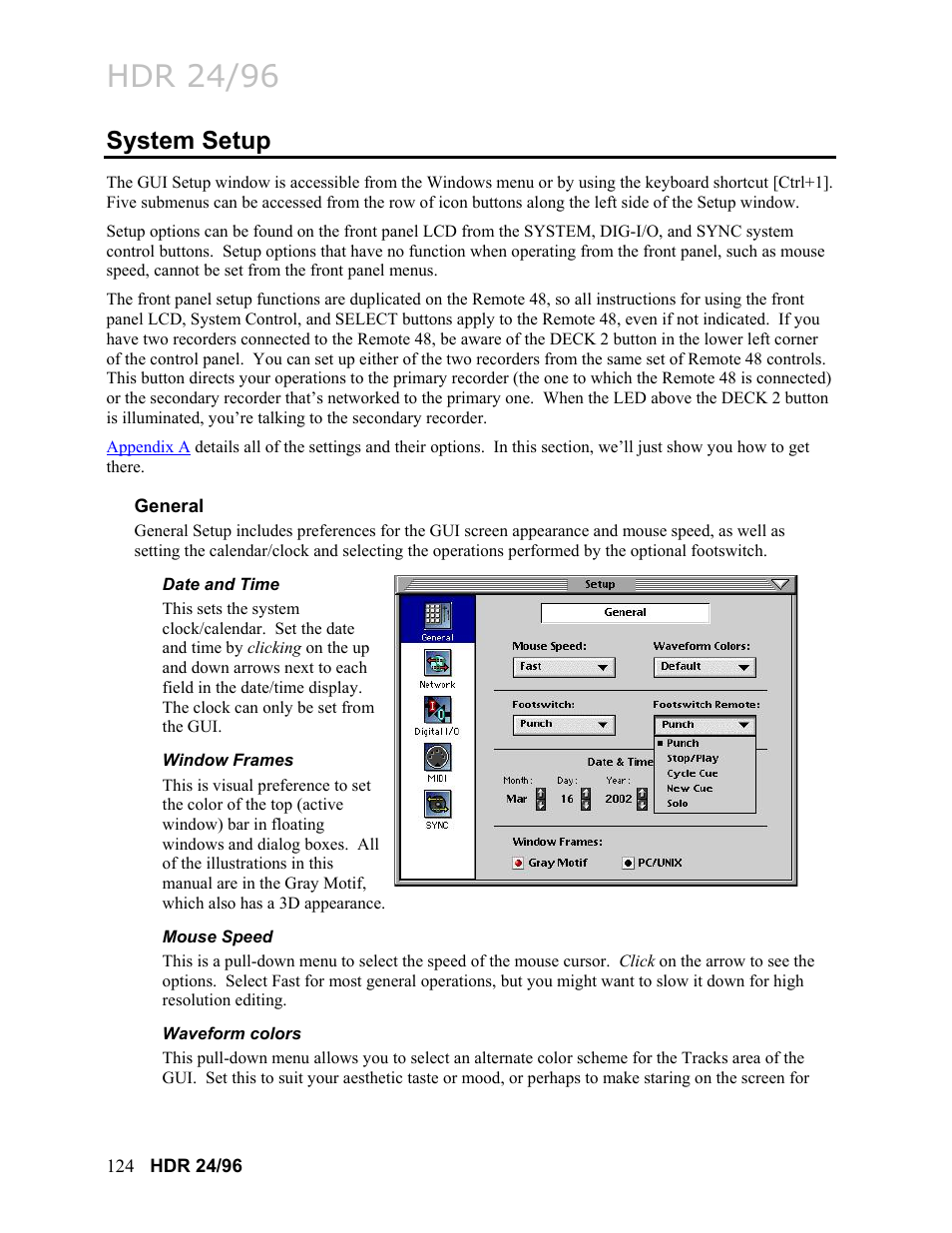 System setup, General, Date and time | Window frames, Mouse speed, Waveform colors, General 124, Hdr 24/96 | MACKIE HDR24/96 User Manual | Page 124 / 226