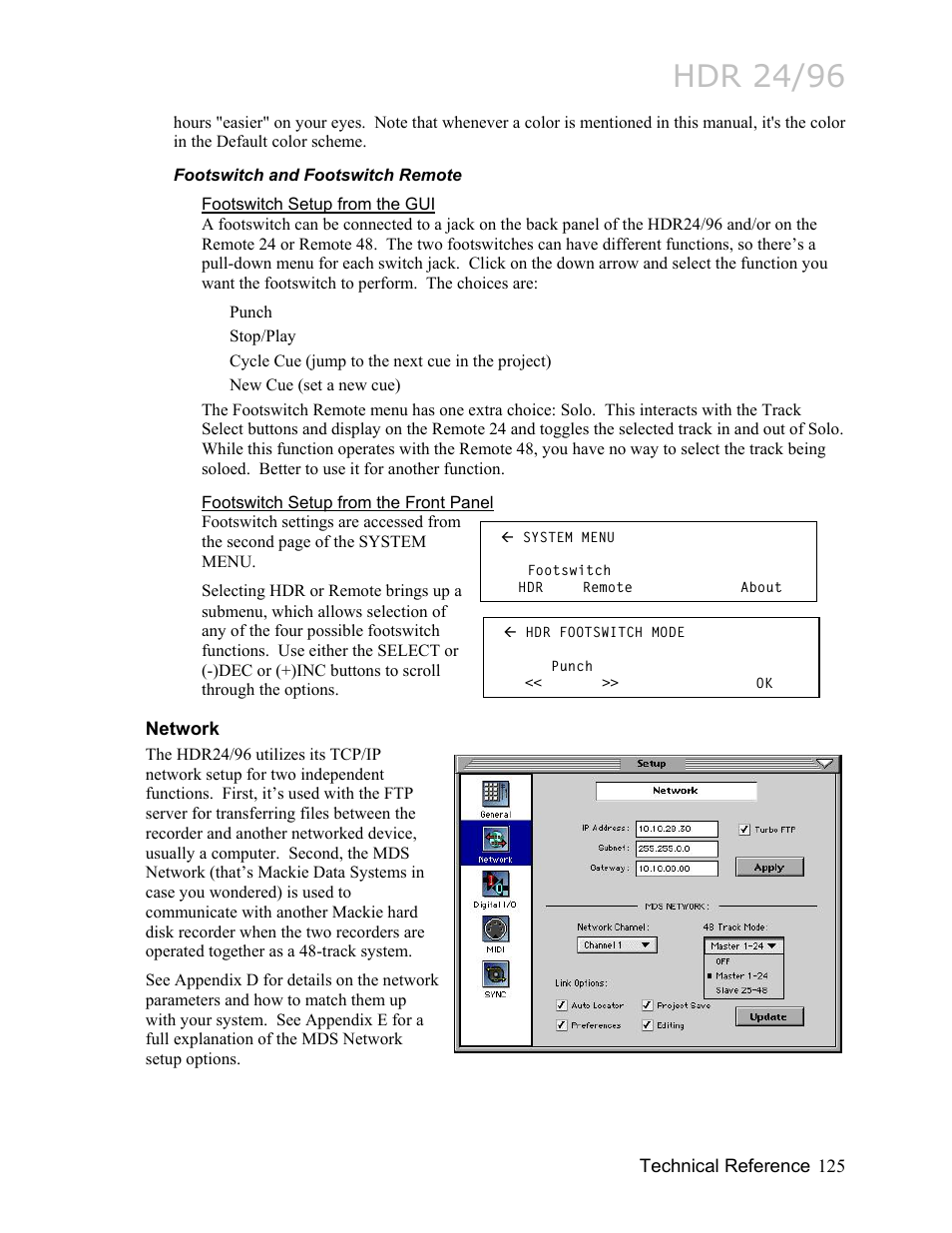 Footswitch and footswitch remote, Footswitch setup from the gui, Footswitch setup from the front panel | Network, Network 125, Hdr 24/96 | MACKIE HDR24/96 User Manual | Page 125 / 226