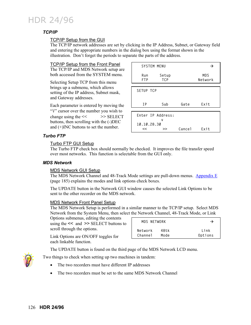 Tcp/ip, Tcp/ip setup from the gui, Tcp/ip setup from the front panel | Turbo ftp, Turbo ftp gui setup, Mds network, Mds network gui setup, Mds network front panel setup, Tcp/ip 126, Hdr 24/96 | MACKIE HDR24/96 User Manual | Page 126 / 226