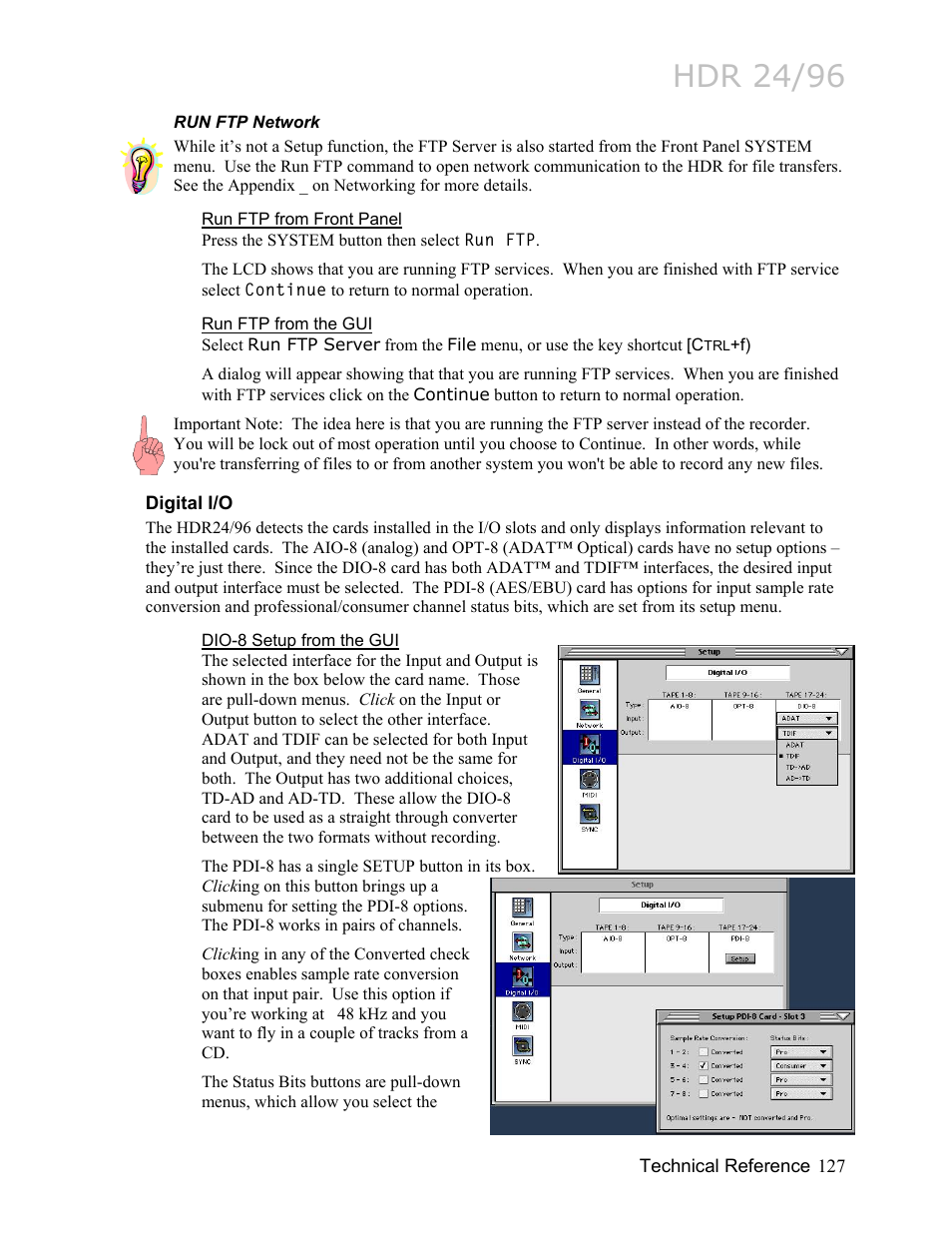 Run ftp network, Run ftp from front panel, Run ftp from the gui | Digital i/o, Dio-8 setup from the gui, Hdr 24/96 | MACKIE HDR24/96 User Manual | Page 127 / 226