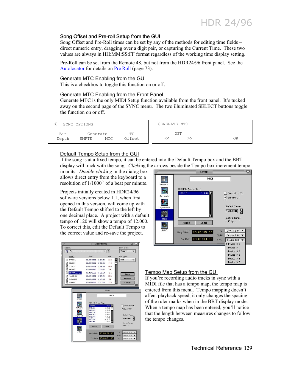 Song offset and pre-roll setup from the gui, Generate mtc enabling from the gui, Generate mtc enabling from the front panel | Default tempo setup from the gui, Tempo map setup from the gui, Hdr 24/96 | MACKIE HDR24/96 User Manual | Page 129 / 226