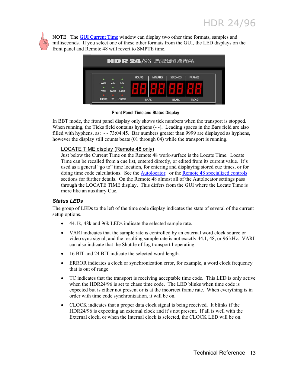 Locate time display (remote 48 only), Status leds, Hdr 24/96 | MACKIE HDR24/96 User Manual | Page 13 / 226