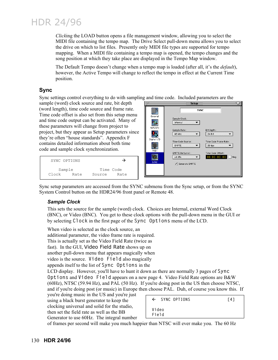 Sync, Sample clock, Sync 130 | Hdr 24/96 | MACKIE HDR24/96 User Manual | Page 130 / 226
