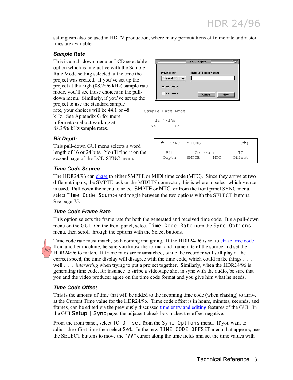 Sample rate, Bit depth, Time code source | Time code frame rate, Time code offset, Hdr 24/96 | MACKIE HDR24/96 User Manual | Page 131 / 226