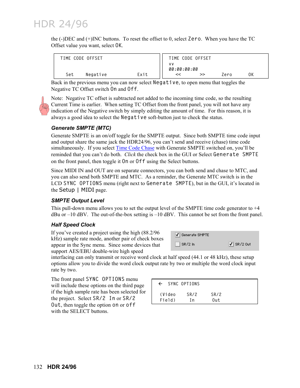 Generate smpte (mtc), Smpte output level, Half speed clock | Hdr 24/96 | MACKIE HDR24/96 User Manual | Page 132 / 226