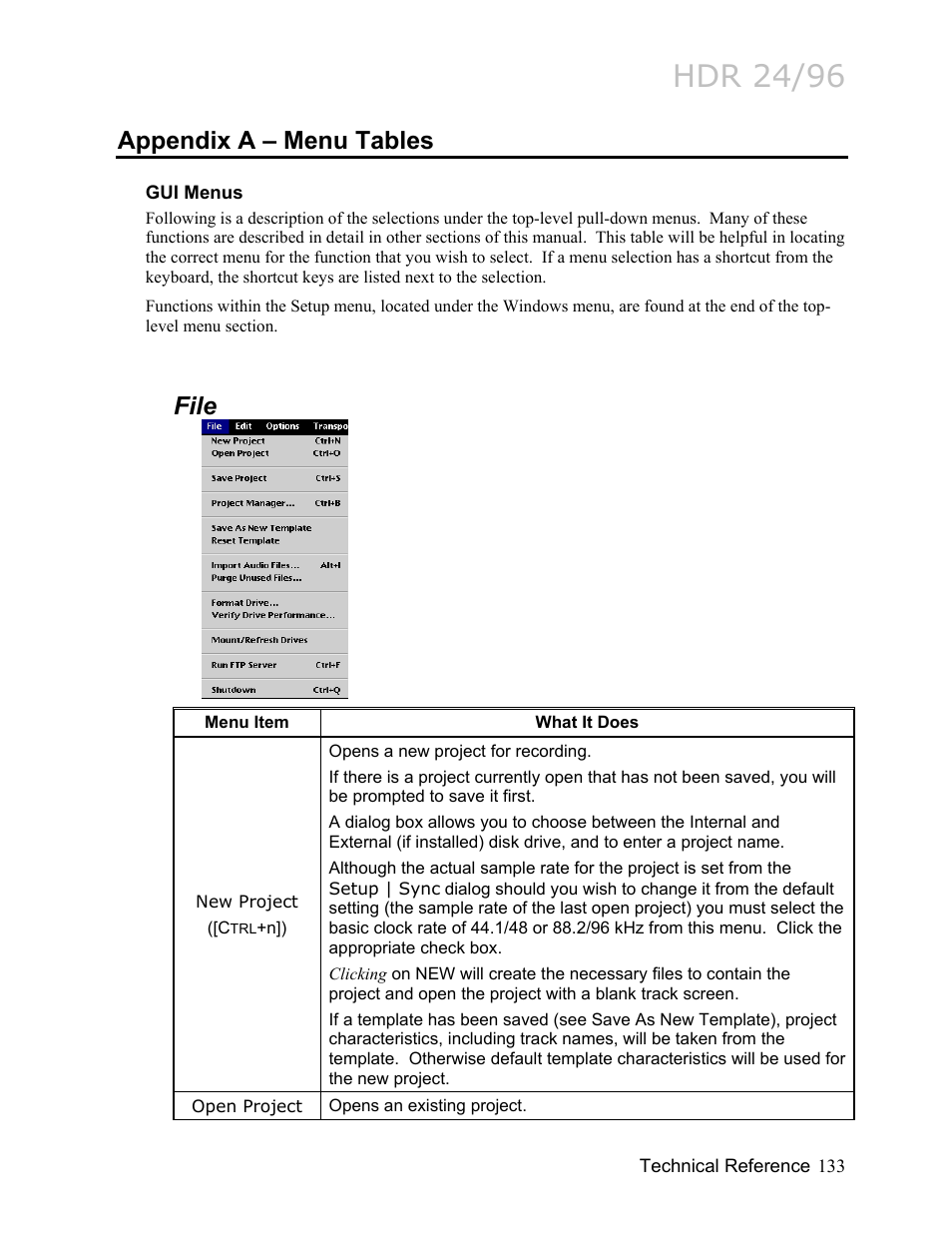 Appendix a – menu tables, Gui menus, File 133 | Appendix a, Shows the m, Hdr 24/96, File | MACKIE HDR24/96 User Manual | Page 133 / 226