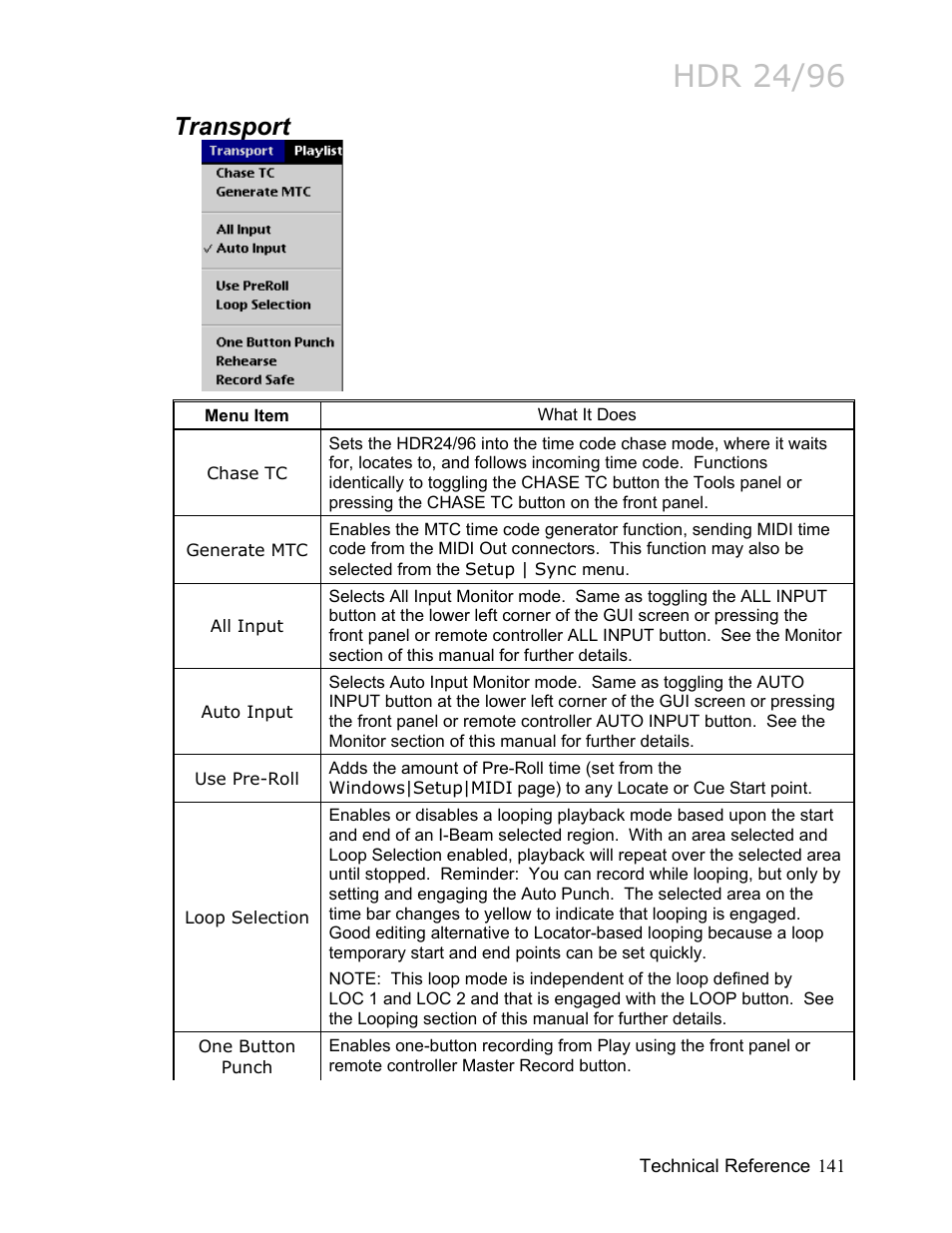 Transport 141, Hdr 24/96, Transport | MACKIE HDR24/96 User Manual | Page 141 / 226