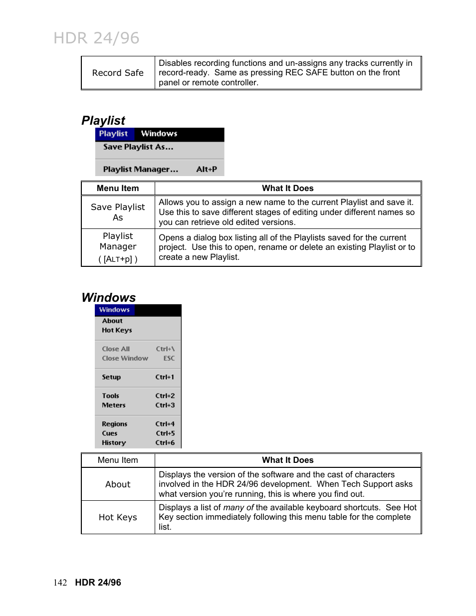 Playlist 142, Windows 142, Hdr 24/96 | Playlist, Windows | MACKIE HDR24/96 User Manual | Page 142 / 226