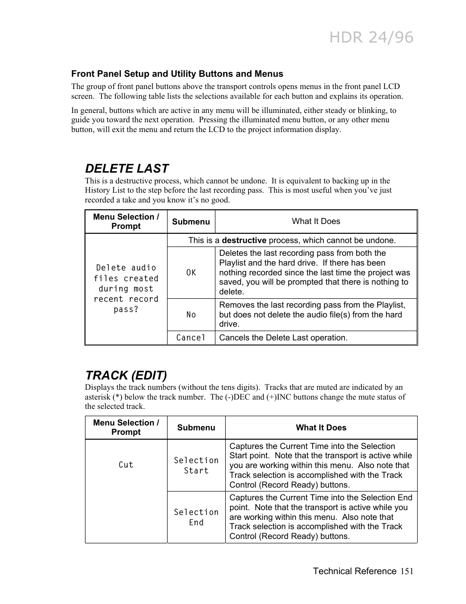 Front panel setup and utility buttons and menus, Delete last, Track (edit) | Front panel menu, Table in, Hdr 24/96 | MACKIE HDR24/96 User Manual | Page 151 / 226