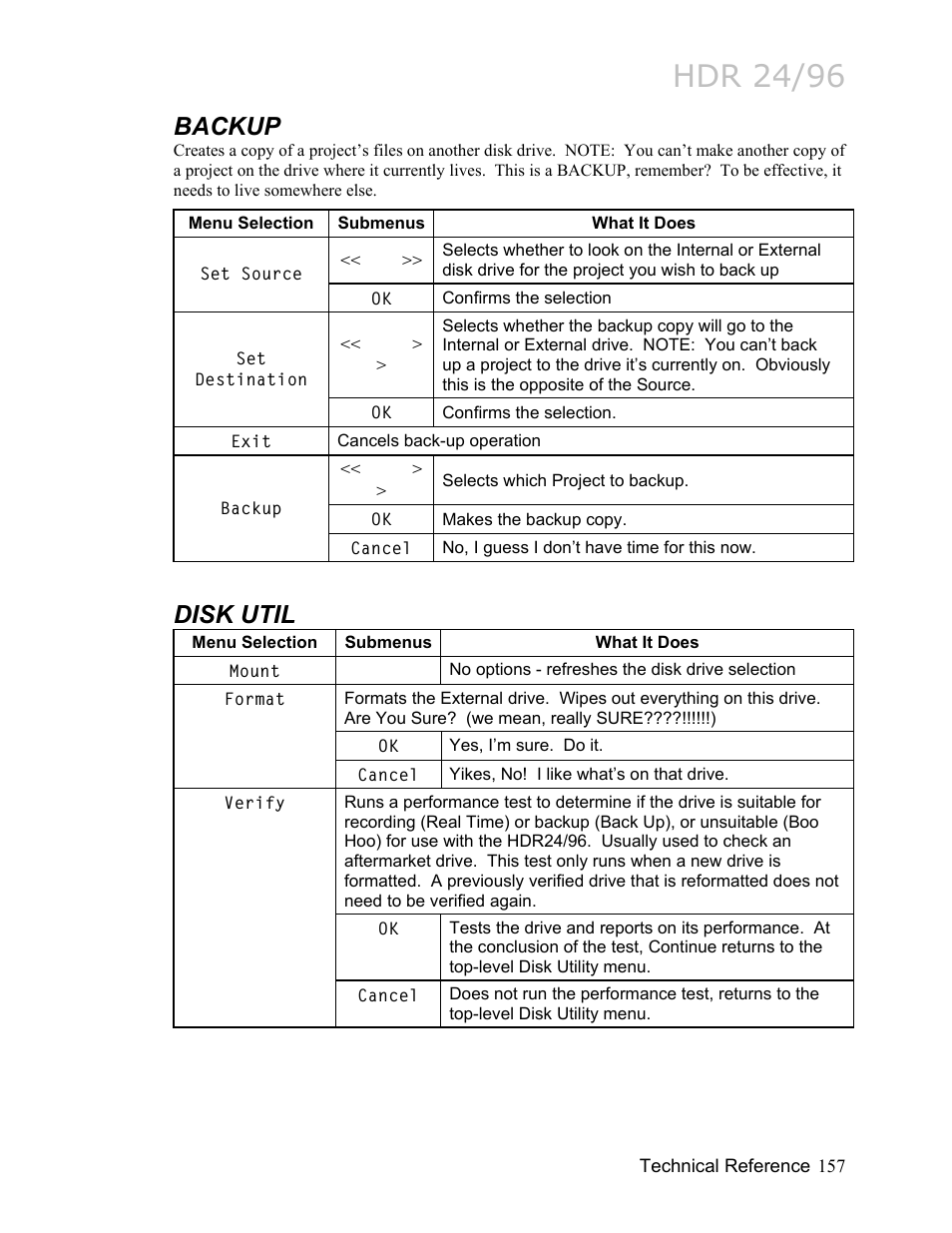 Backup 157, Disk util, Hdr 24/96 | Backup | MACKIE HDR24/96 User Manual | Page 157 / 226