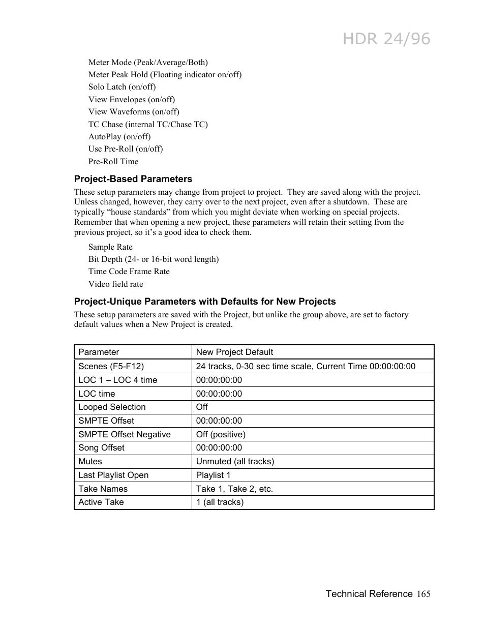Project-based parameters, Hdr 24/96 | MACKIE HDR24/96 User Manual | Page 165 / 226