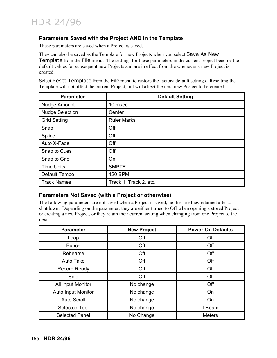 Parameters not saved (with a project or otherwise), Hdr 24/96 | MACKIE HDR24/96 User Manual | Page 166 / 226