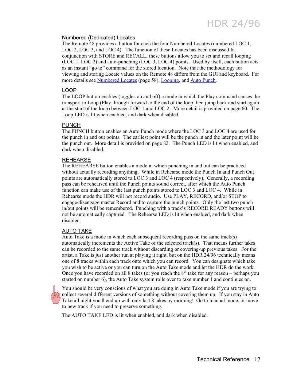 Numbered (dedicated) locates, Loop, Punch | Rehearse, Auto take, Hdr 24/96 | MACKIE HDR24/96 User Manual | Page 17 / 226