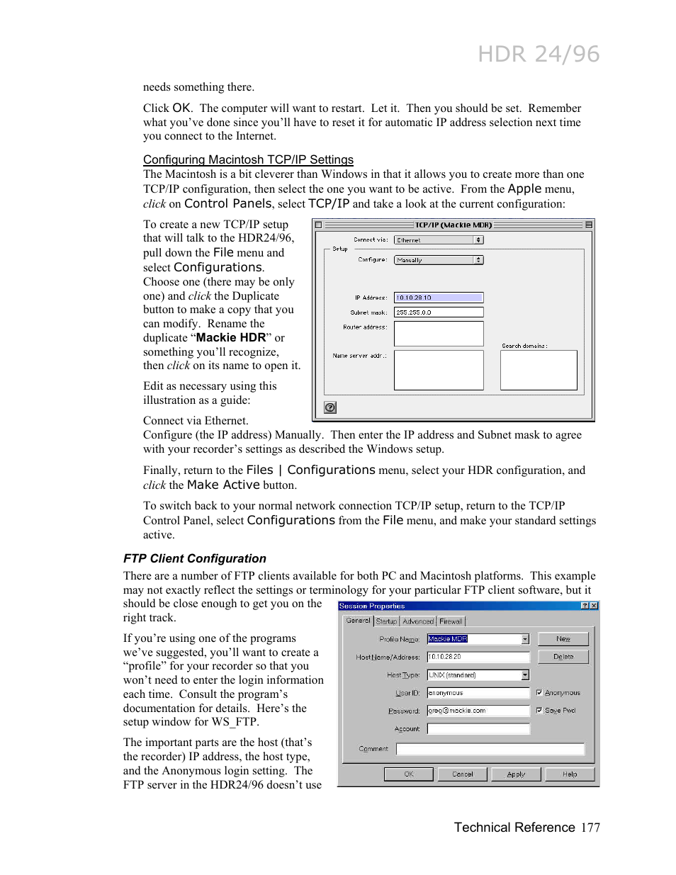 Configuring macintosh tcp/ip settings, Ftp client configuration, Hdr 24/96 | MACKIE HDR24/96 User Manual | Page 177 / 226