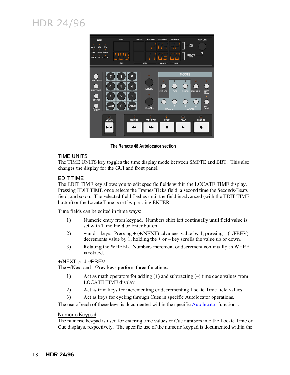Time units, Edit time, Next and -/prev | Numeric keypad, Hdr 24/96 | MACKIE HDR24/96 User Manual | Page 18 / 226