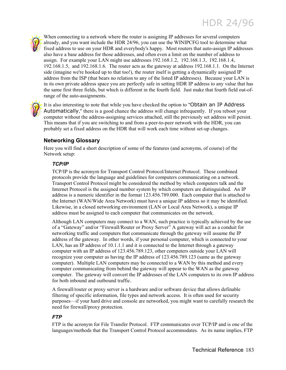 Networking glossary, Tcp/ip, Tcp/ip 183 | Ftp 183, Hdr 24/96 | MACKIE HDR24/96 User Manual | Page 183 / 226
