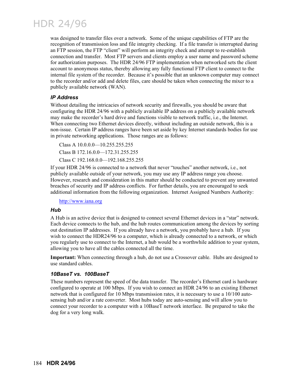 Ip address, 10baset vs. 100baset, Hub 184 | Hdr 24/96 | MACKIE HDR24/96 User Manual | Page 184 / 226