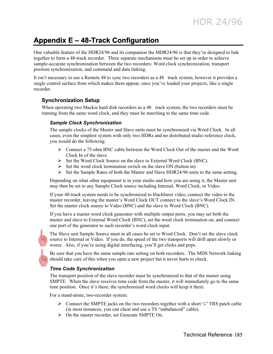 Appendix e – 48-track configuration, Synchronization setup, Sample clock synchronization | Time code synchronization, Appendix e – 48-track configuration 185, Hdr 24/96 | MACKIE HDR24/96 User Manual | Page 185 / 226