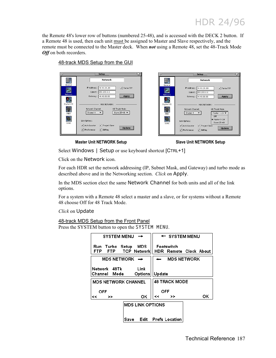 Track mds setup from the gui, Track mds setup from the front panel, Hdr 24/96 | MACKIE HDR24/96 User Manual | Page 187 / 226