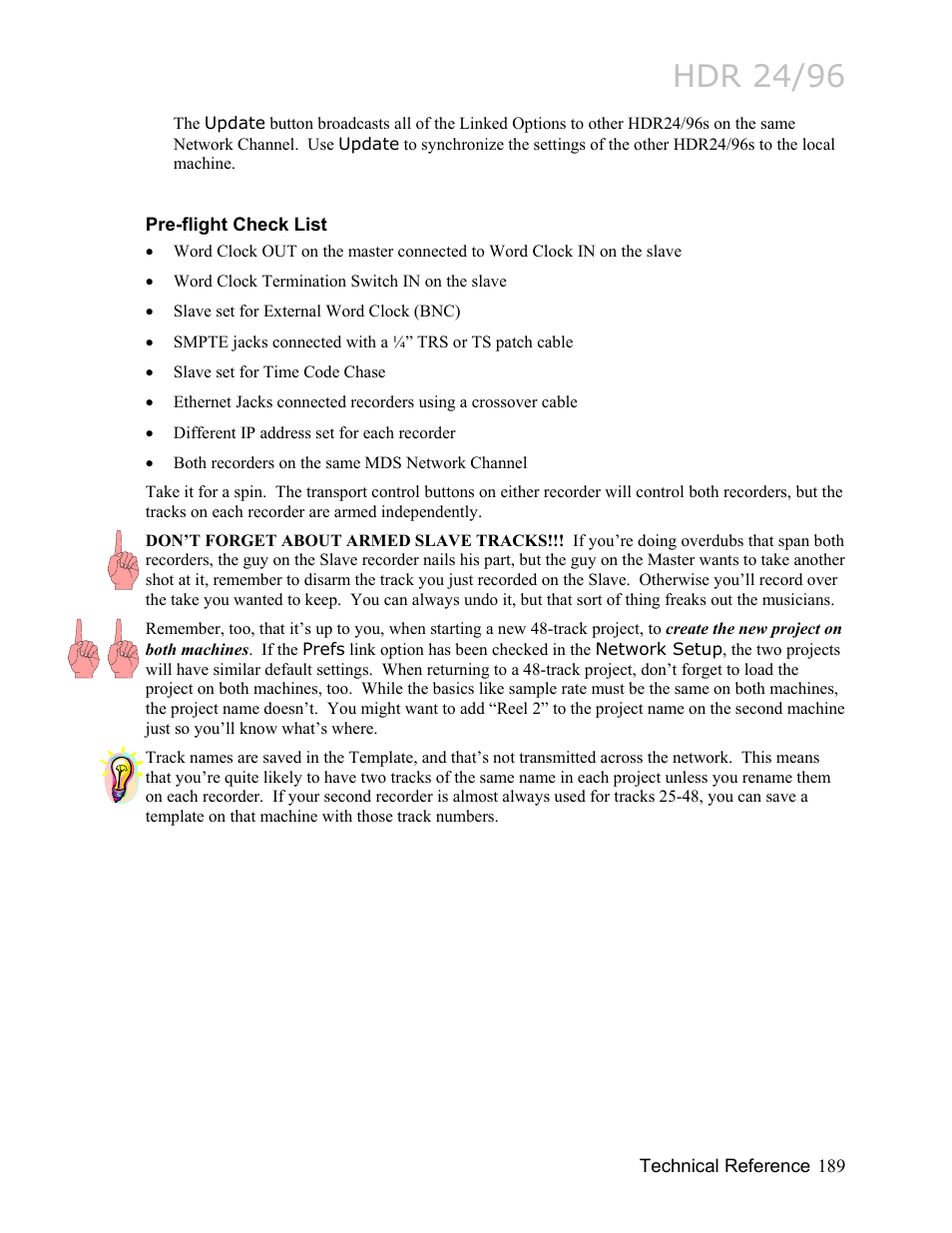 Pre-flight check list, Hdr 24/96 | MACKIE HDR24/96 User Manual | Page 189 / 226