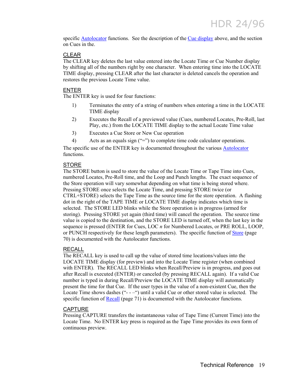 Clear, Enter, Store | Recall, Capture, Hdr 24/96 | MACKIE HDR24/96 User Manual | Page 19 / 226