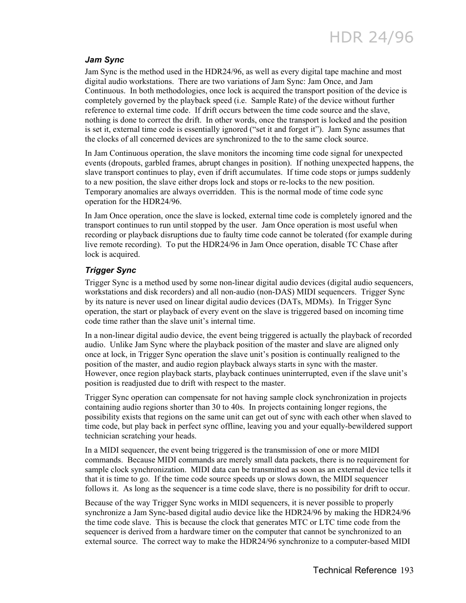 Jam sync, Trigger sync, Hdr 24/96 | MACKIE HDR24/96 User Manual | Page 193 / 226
