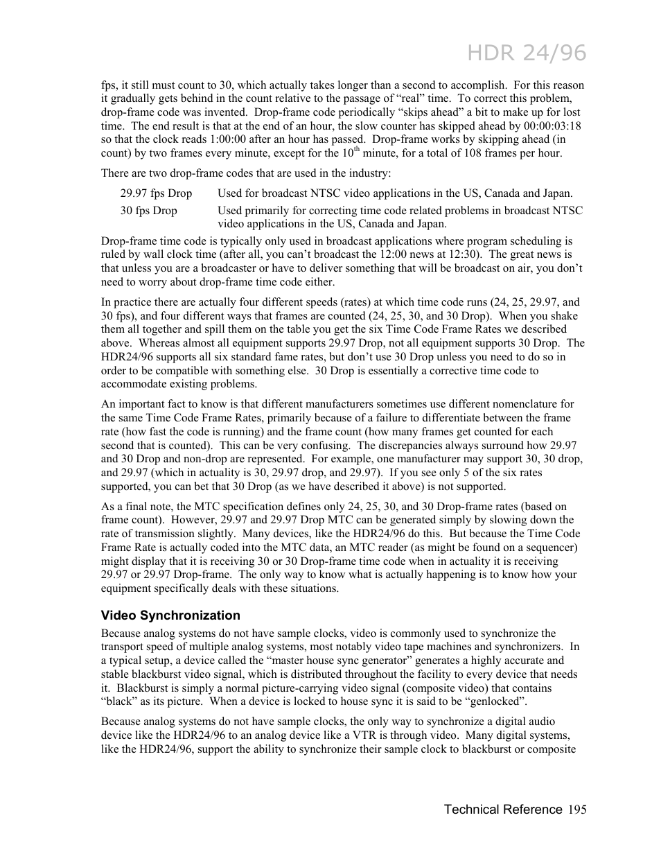 Video synchronization, Hdr 24/96 | MACKIE HDR24/96 User Manual | Page 195 / 226