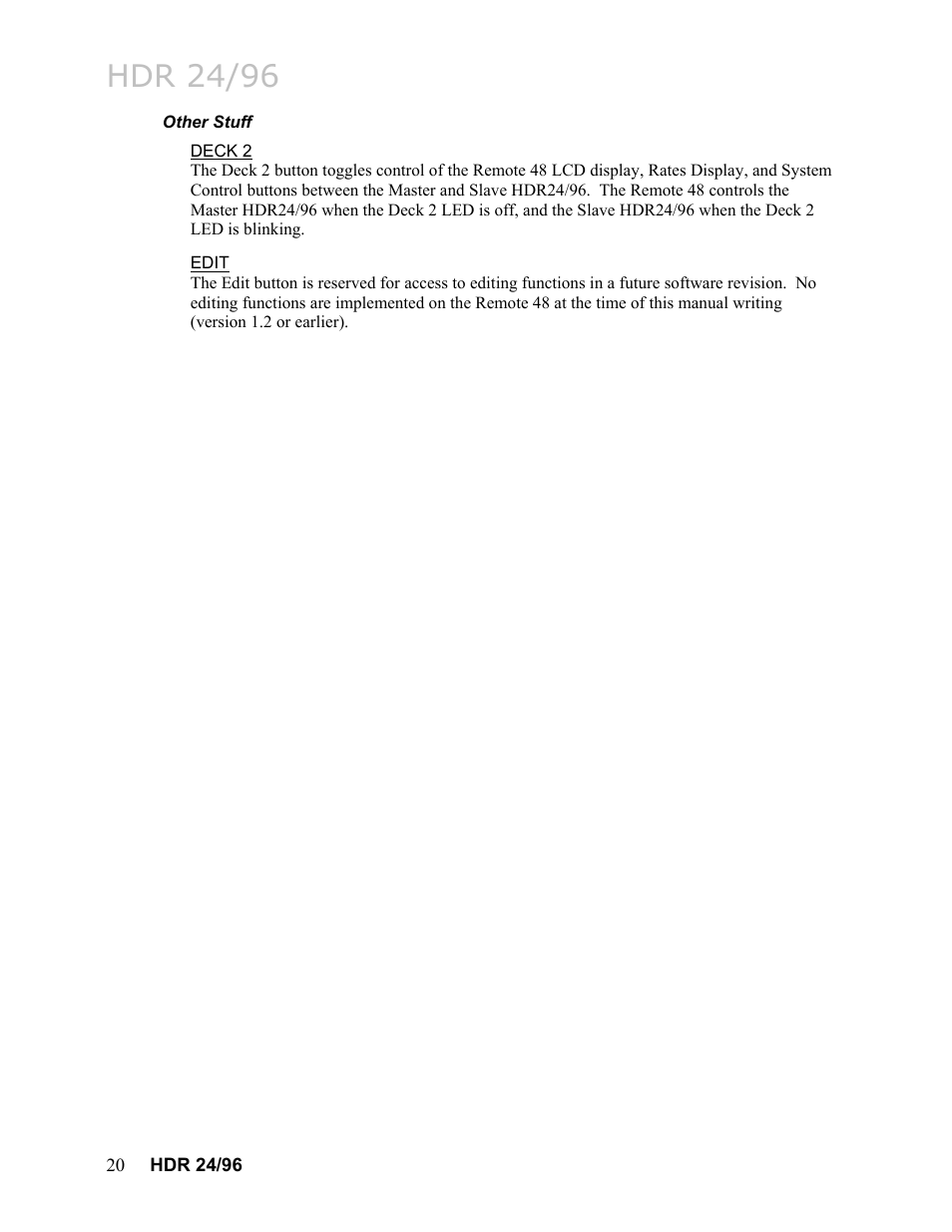 Other stuff, Deck 2, Edit | Hdr 24/96 | MACKIE HDR24/96 User Manual | Page 20 / 226