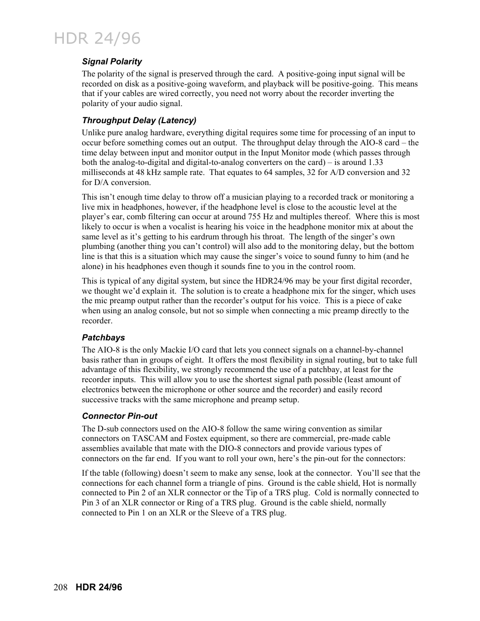 Signal polarity, Throughput delay (latency), Patchbays | Connector pin-out, Patchbays 208, Hdr 24/96 | MACKIE HDR24/96 User Manual | Page 208 / 226