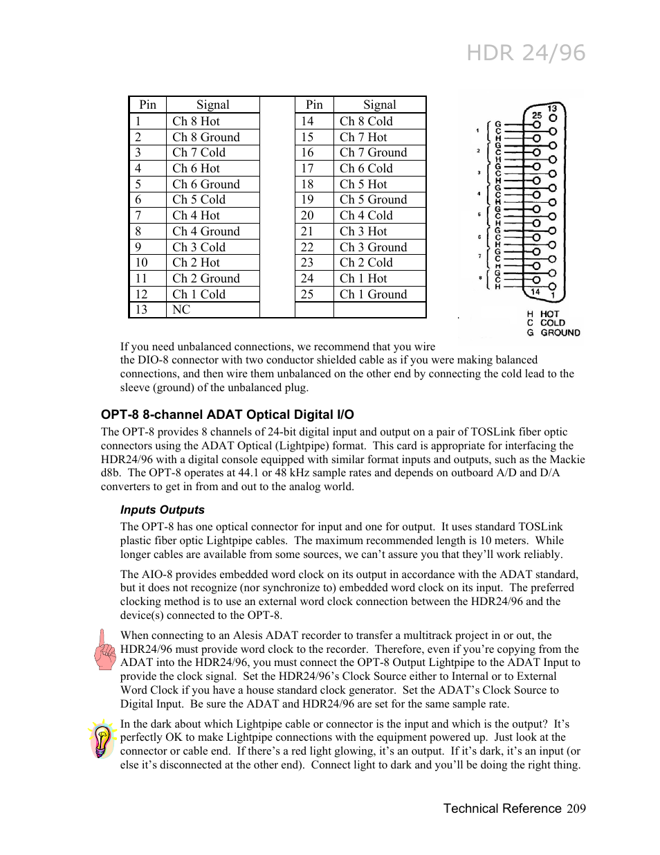 Opt-8 8-channel adat optical digital i/o, Inputs outputs, Opt-8 8-channel adat optical digital i/o 209 | Hdr 24/96 | MACKIE HDR24/96 User Manual | Page 209 / 226