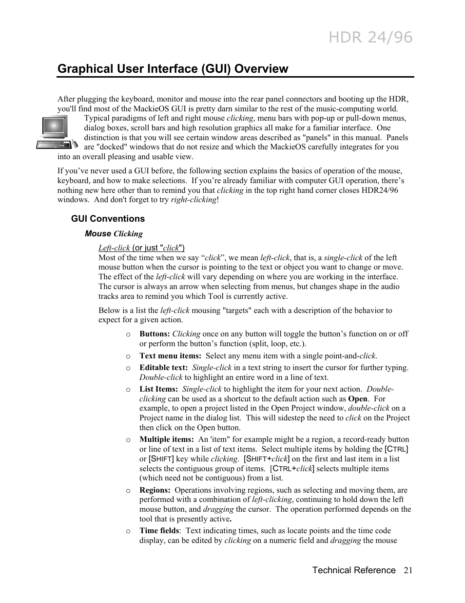 Graphical user interface (gui) overview, Gui conventions, Mouse clicking | Left-click (or just "click"), Mouse clicking 21, Editing times in the gui, Hdr 24/96 | MACKIE HDR24/96 User Manual | Page 21 / 226