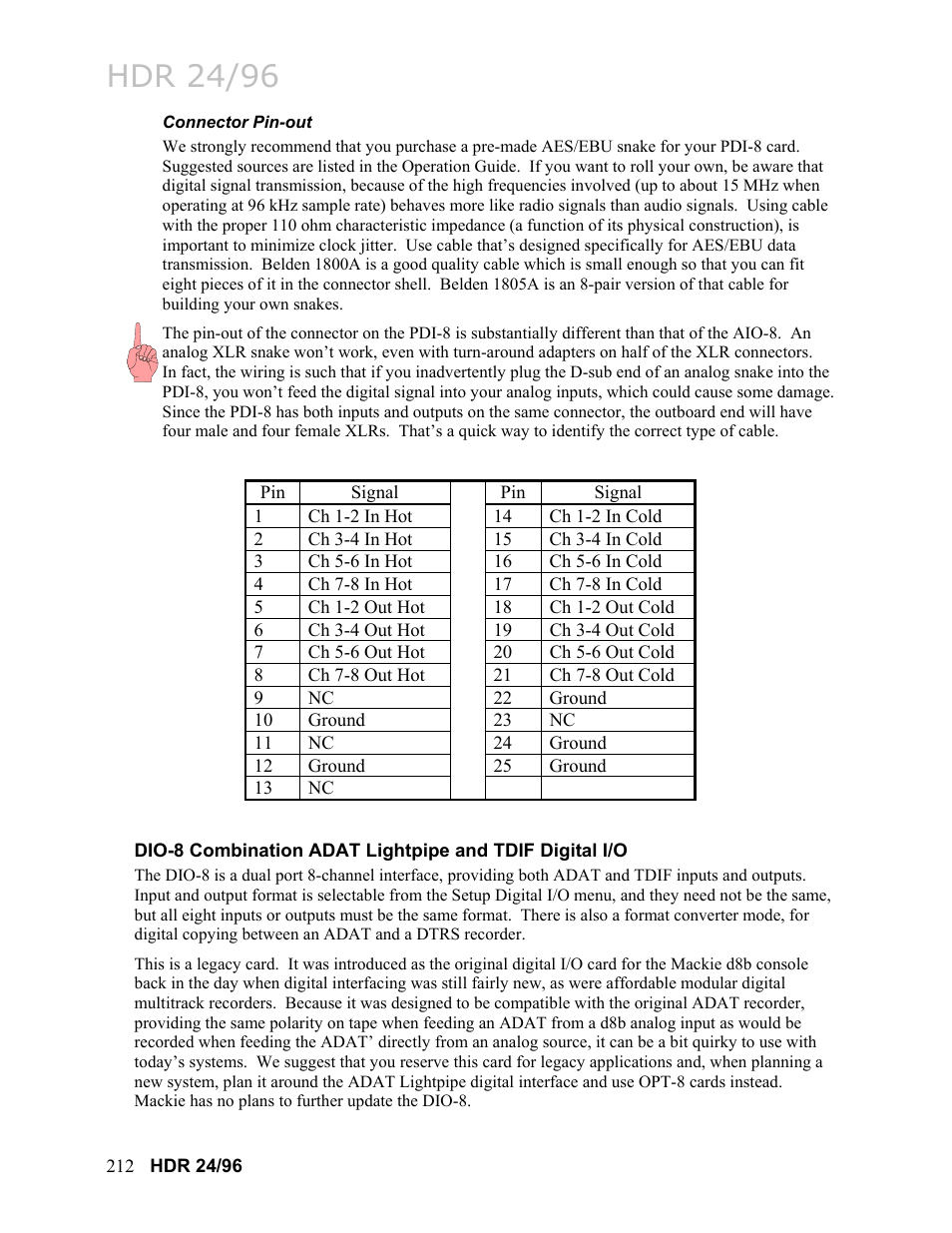 Connector pin-out, Hdr 24/96 | MACKIE HDR24/96 User Manual | Page 212 / 226