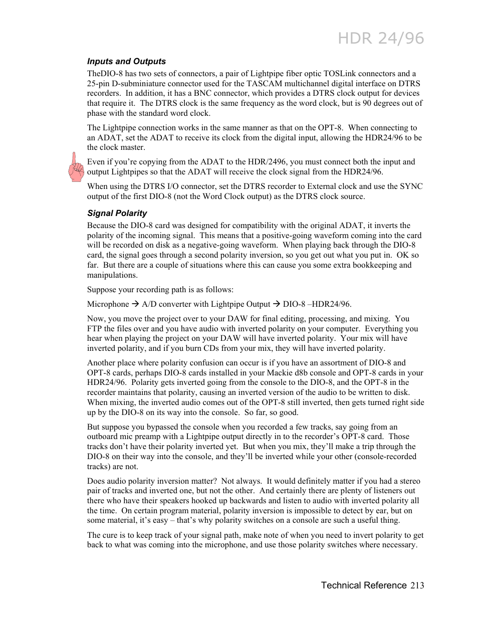 Inputs and outputs, Signal polarity, Hdr 24/96 | MACKIE HDR24/96 User Manual | Page 213 / 226