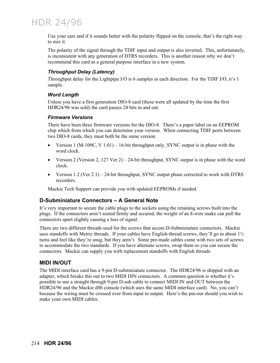 Throughput delay (latency), Word length, Firmware versions | D-subminiature connectors – a general note, Midi in/out, D-subminiature connectors – a general note 214, Hdr 24/96 | MACKIE HDR24/96 User Manual | Page 214 / 226