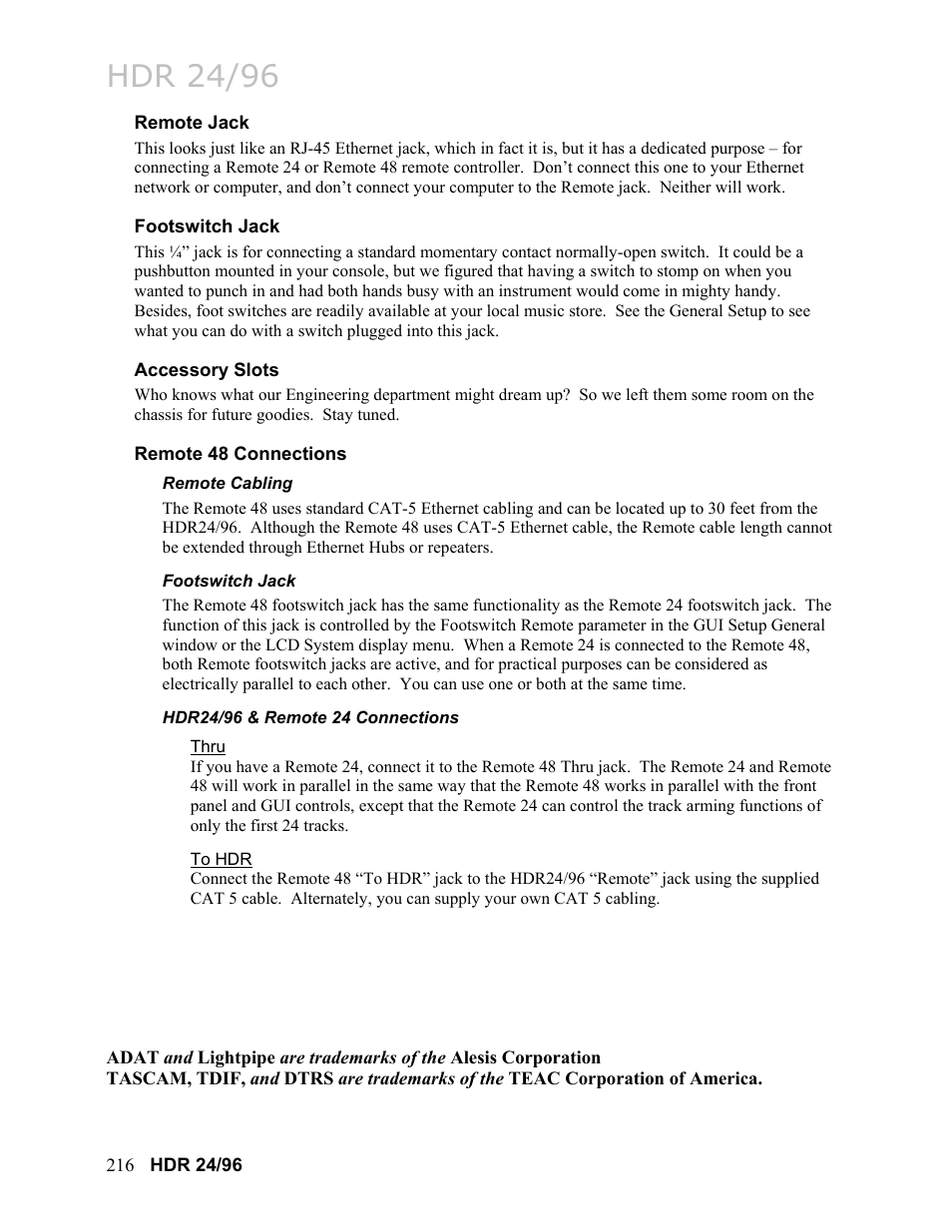 Remote jack, Footswitch jack, Accessory slots | Remote 48 connections, Remote cabling, Hdr24/96 & remote 24 connections, Thru, To hdr, Hdr24/96 & remote 24 connections 216, Hdr 24/96 | MACKIE HDR24/96 User Manual | Page 216 / 226