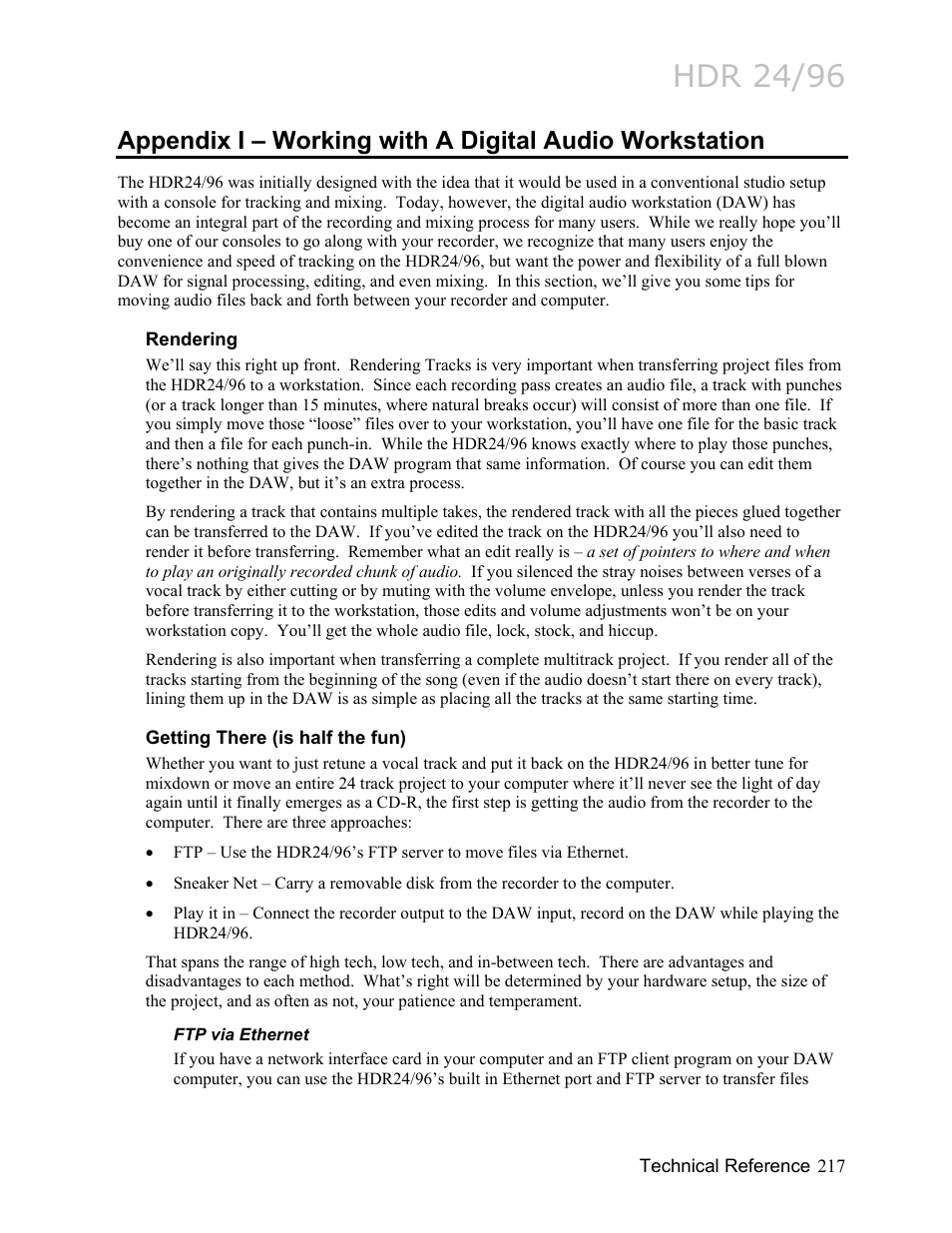 Appendix i – working with a digital audio worksta, Rendering, Getting there (is half the fun) | Ftp via ethernet, Appendix i – working with a digital audio, Workstation 217, Rendering 217, Hdr 24/96 | MACKIE HDR24/96 User Manual | Page 217 / 226