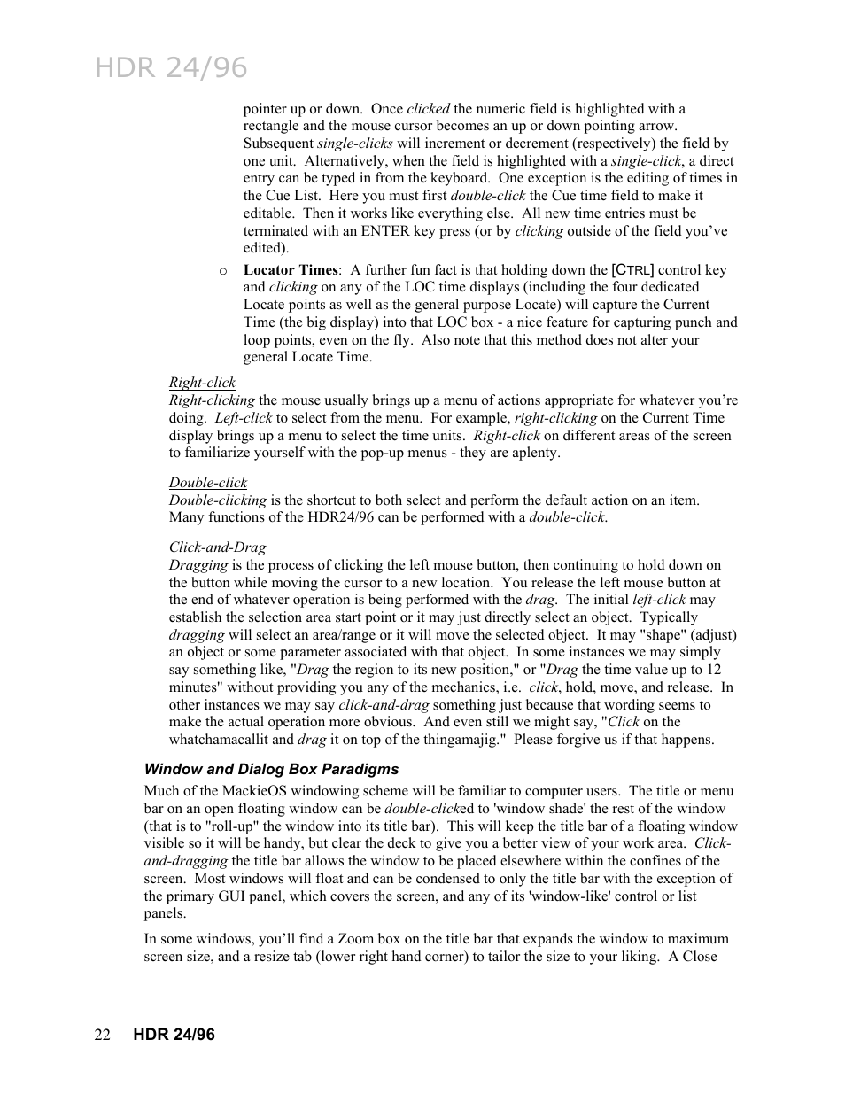 Right-click, Double-click, Click-and-drag | Window and dialog box paradigms, Hdr 24/96 | MACKIE HDR24/96 User Manual | Page 22 / 226