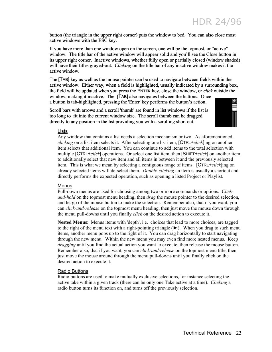 Lists, Menus, Radio buttons | Hdr 24/96 | MACKIE HDR24/96 User Manual | Page 23 / 226
