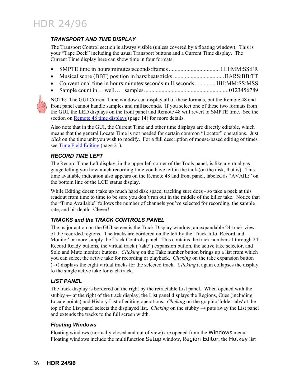 Transport and time display, Record time left, Tracks and the track controls panel | List panel, Floating windows, Tracks and the track controls panel 26, Hdr 24/96 | MACKIE HDR24/96 User Manual | Page 26 / 226
