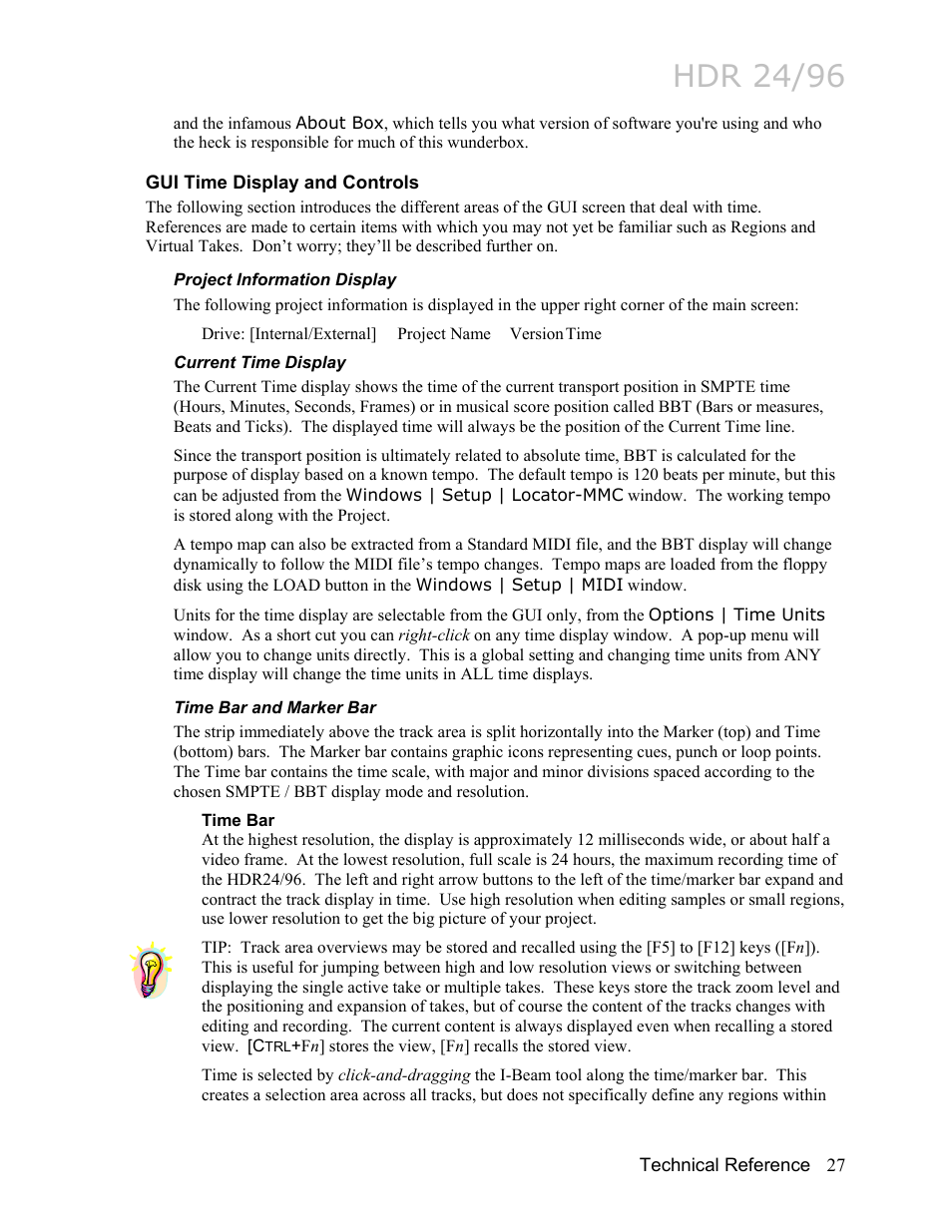 Gui time display and controls, Project information display, Current time display | Time bar and marker bar, Time bar, Hdr 24/96 | MACKIE HDR24/96 User Manual | Page 27 / 226