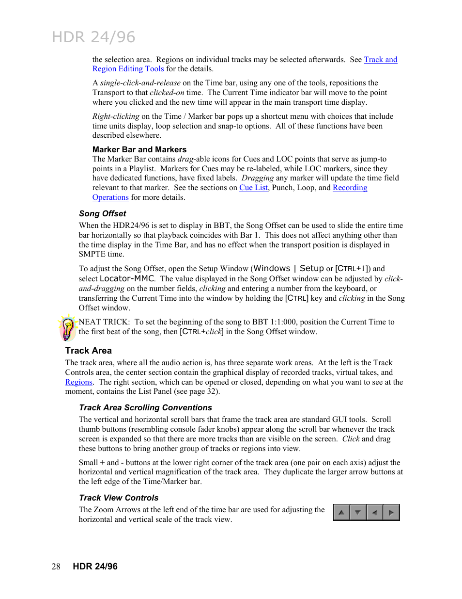 Marker bar and markers, Song offset, Track area | Track area scrolling conventions, Track view controls, Hdr 24/96 | MACKIE HDR24/96 User Manual | Page 28 / 226