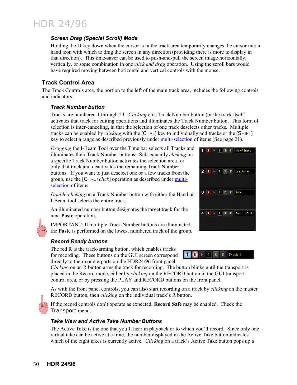 Screen drag (special scroll) mode, Track control area, Track number button | Record ready buttons, Take view and active take number buttons, Take view and active take number buttons 30, Hdr 24/96 | MACKIE HDR24/96 User Manual | Page 30 / 226