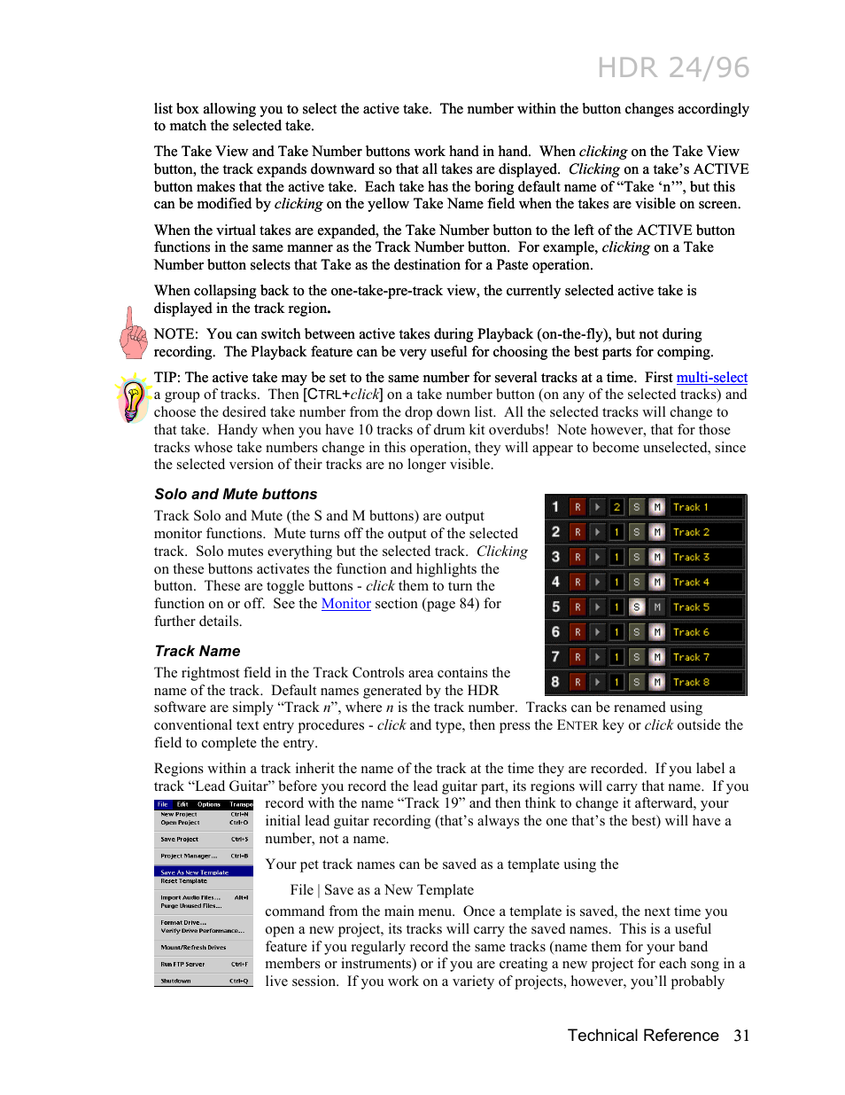 Solo and mute buttons, Track name, Hdr 24/96 | MACKIE HDR24/96 User Manual | Page 31 / 226