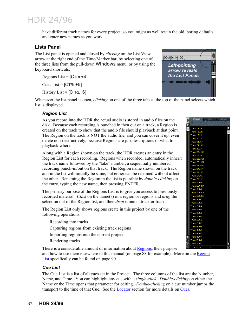 Lists panel, Region list, Cue list | Rker. see the sections on, Hdr 24/96 | MACKIE HDR24/96 User Manual | Page 32 / 226