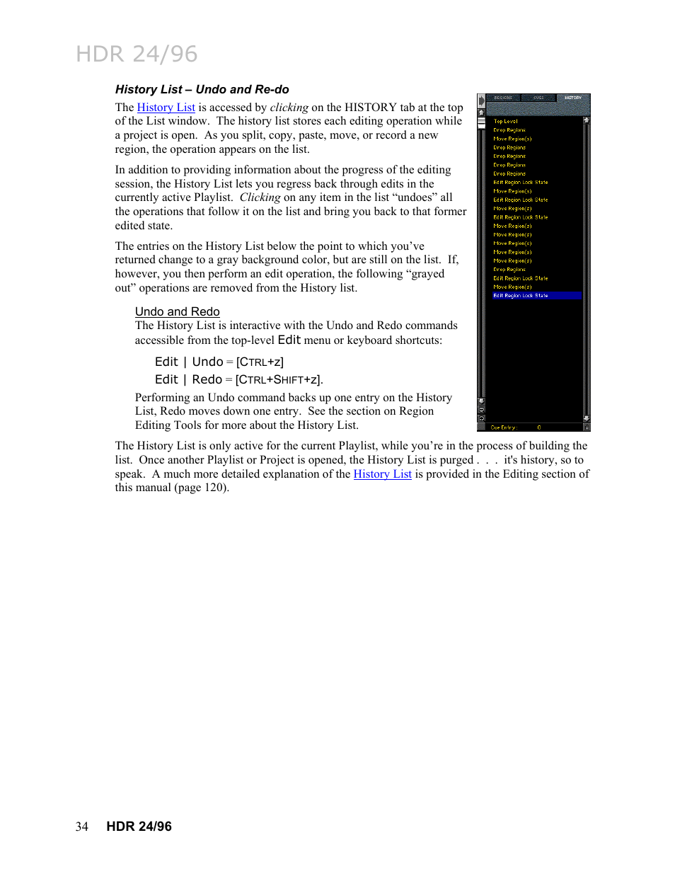 History list – undo and re-do, Undo and redo, Hdr 24/96 | MACKIE HDR24/96 User Manual | Page 34 / 226